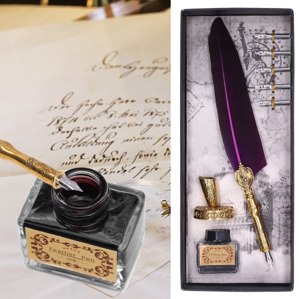 Höyhenkynä Hieno Vintage Elegant Ruostumaton teräs Pehmeästi Kirjoittava Kulutusta kestävä Quill Pen Purppura Purple