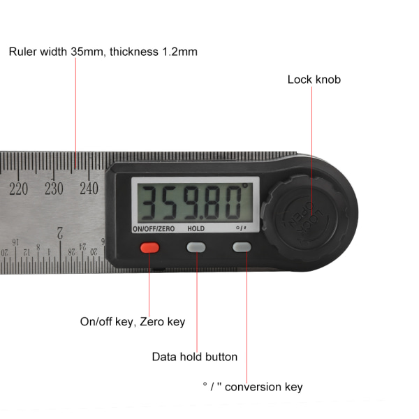 2-in 1 elektroninen digitaalisen näytön kulmamittari 0-360° puuntyöstövivain monitoiminen astelevy (300 mm)