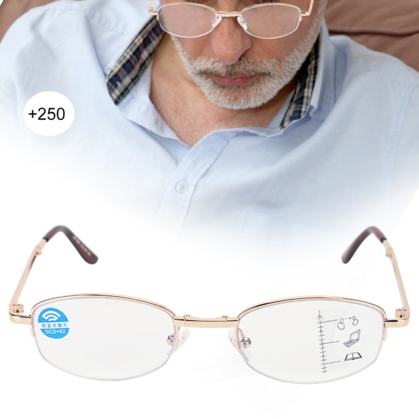 Multifocal Progressive Presbyopic lasit Sininen valoa estävät lukulasit miehille, naisille (+250 Gold Frame)