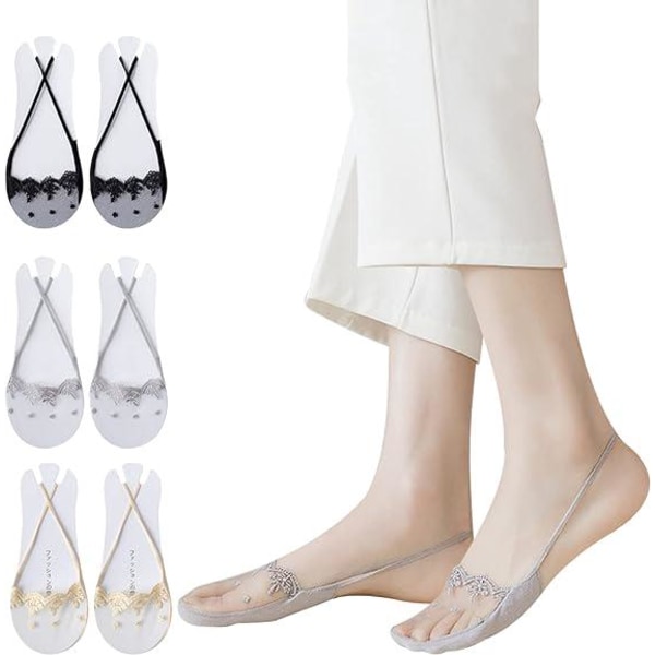 6 par usynlige sokker til kvinder, åndbare blonde skridsikre strømper