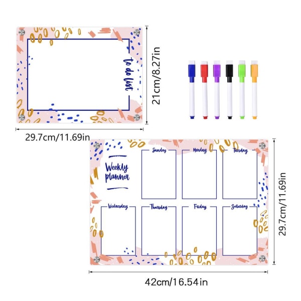 Klar akryl slettebar mini ugentlig dagbog - pink, A3+A4 størrelse, let at slette, 6 tuscher inkluderet