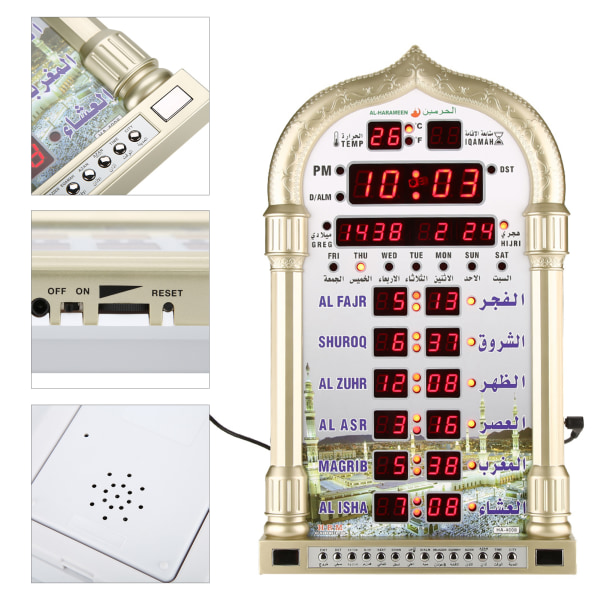 Digital islamisk väggkalenderklocka - muslimsk gåva med alarm, Azan bönetider - EU-kontakt 110-240V