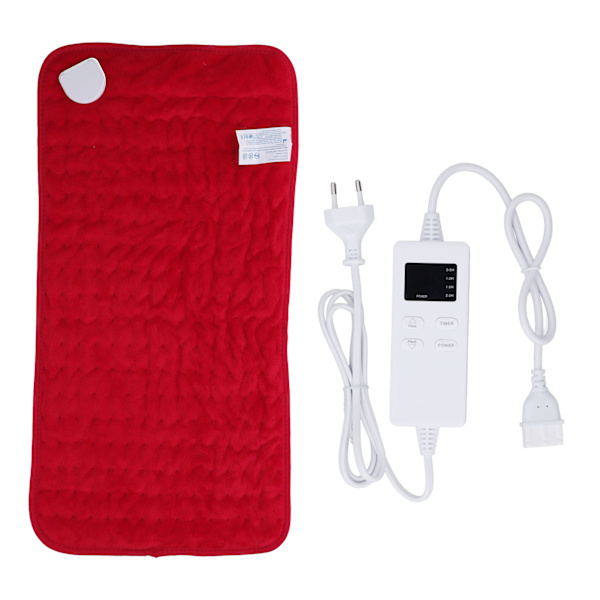 Oppvarmet teppe 30x60cm med timer og 6 temperaturinnstillinger, EU-plugg AC220‑240V, for skulder, kne, rød