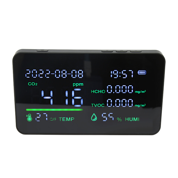 Luftkvalitetsmonitor CO2-detektor USB-laddning Koldioxid HCHO Temperatur Fuktighetsdetektor med stor skärmdisplay Infraröda modeller Svart