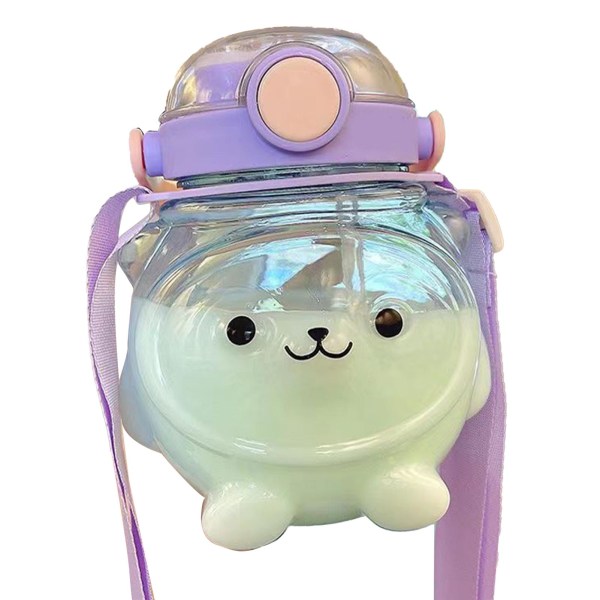 Large Water Bottle 1000ml Cartoon Bear Shape Portable Drinking Bottle with Straw Strap for Summer Purple