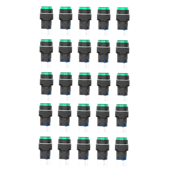 25 st Momentära Knappbrytare med Självlåsning, 5-polig, 16 mm, med Ljus, 24V Set Kit för Utrustning, Grön