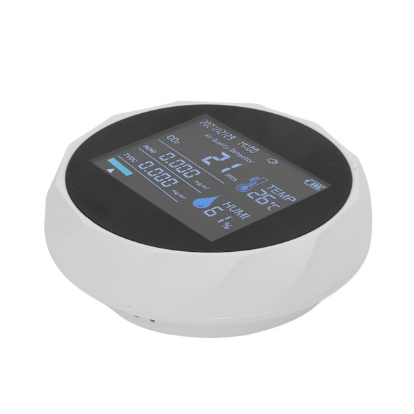 CO2-monitor 7 i 1 intelligent luftkvalitet temperatur fugtighed TVOC kuldioxiddetektor hvid