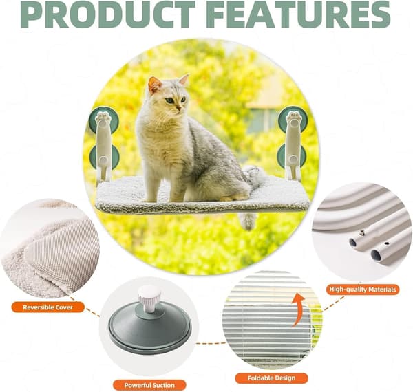 Foldable Cat Window Perch with Reversible Mat 54x30cm Upgraded Strong Suction Cups Up to 18kg, Grey