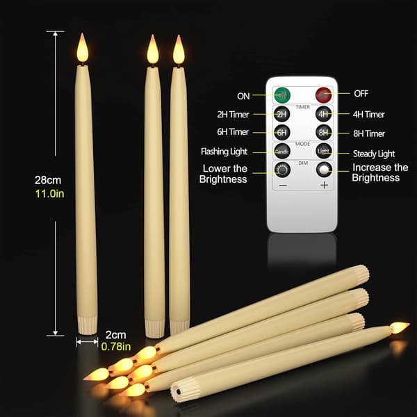 Yme 10-pack LED Ivory Taper Candles with Remote and Timer, Plastic Warm White Window Lights Battery Operated