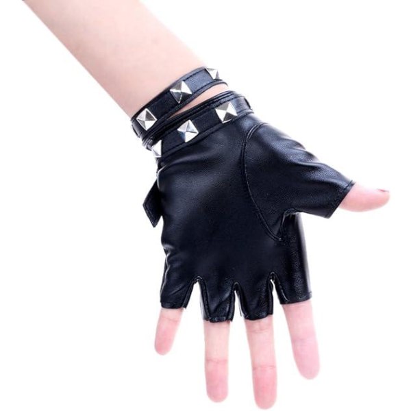Punkhandskar i PU-läder för kvinnor (svarta) Half Finger Performance-handskar med dubbrem eller spänne