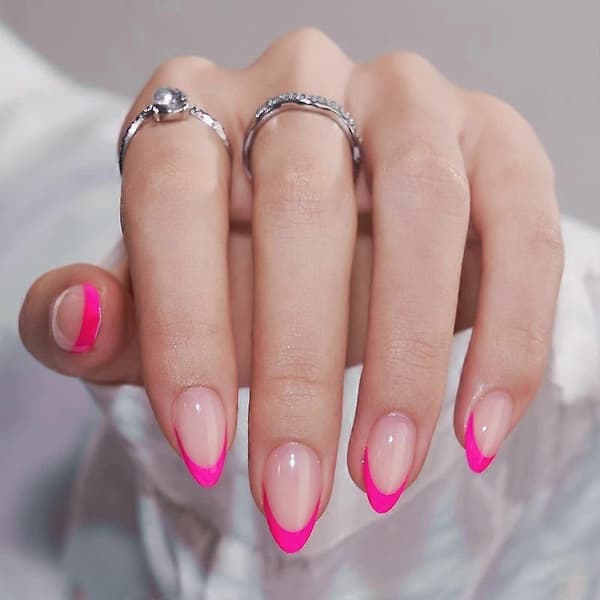 French Manicure False Nails Almond Shape - Hot Pink False Nails Short