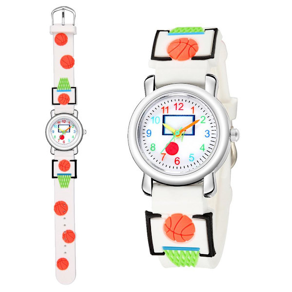 Watch(vit, basket), vattentät armbandsur för barn Quartz urverk, 3D tecknad design, Digital watch för 3 år till 11 år flicka pojke