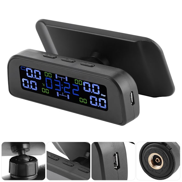 Solcellsdriven Däcktrycksövervakningssystem LCD-display Bil TPMS med Extern Sensor Klocka Design