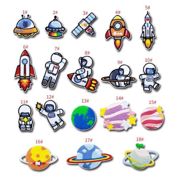 18 Planet Cartoon Astronaut Pattern -brodeeratut silitettävät merkit vaatteiden, reppujen, farkkujen ja hattujen ompelemiseen ja koristeluun