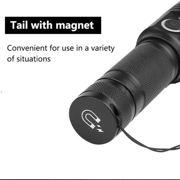 Teleskopisk Zoom Stark Ljus Ficklampa Hög Ljusstyrka Power Display Bärbar Ficklampa med Magnet för Utomhus 1474+USB Kabel (utan Batteri)