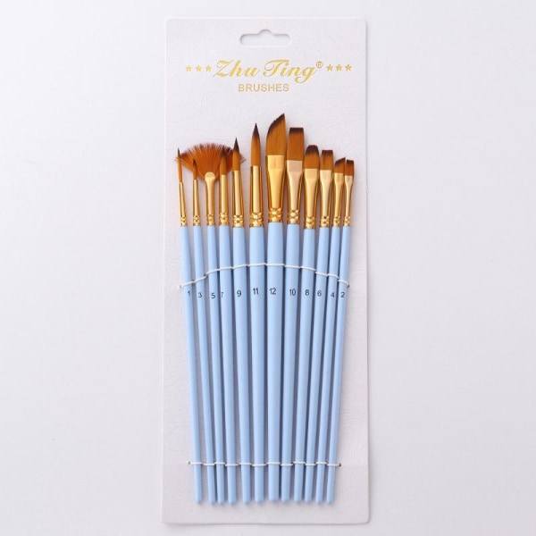 12 deler nylon hårbørstesett, mattblå stang med vifteformet akvarellpenn, kunstutstyr