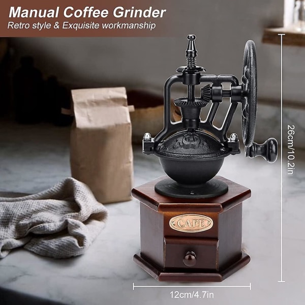 Justerbar vintage manuell kaffekvarn med keramisk burr och uppsamlingslåda för fransk press och droppkaffe