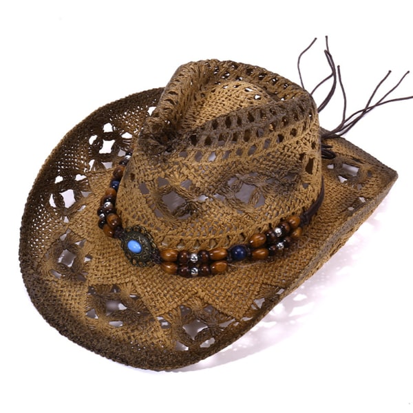 Olki Cowboy Cowgirl -hattu miehille, naisille, leveälierinen ontto hengittävä aurinkohattu helmillä koristeltu koristenauha, länsimainen tyyli ulkona rantamatkoille
