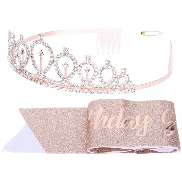 Födelsedagsflicka Skärp Tiara Roséguld Glitter Glittrande Födelsedagsflicka Skärp Strass Krona Tiara Kit Partydekoration