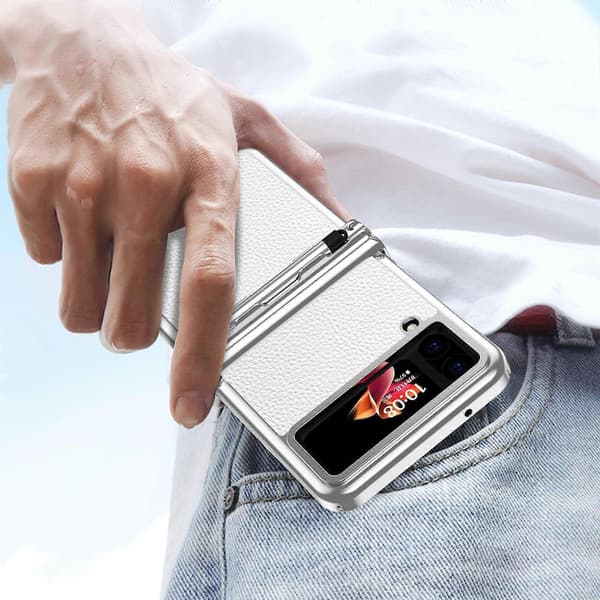 Plating Case Compatible With Samsung Galaxy Z Flip 4, Hard PC+Smooth Leather Shockproof Case With Hinge & Pen