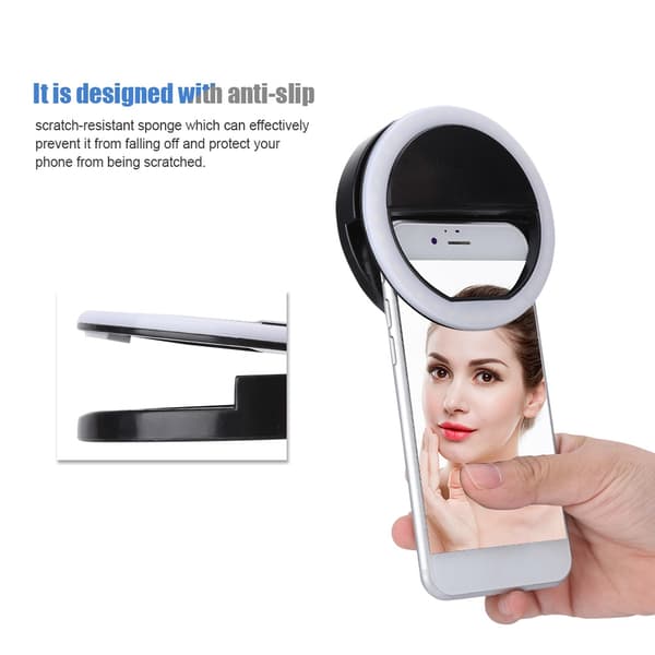 Selfie LED Ringblitslys Bærbar Telefon Selfie Lampe Lysende Klipslampe for iPhone (Svart)
