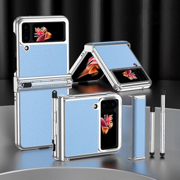 Plating Case Compatible With Samsung Galaxy Z Flip 4, Hard PC+Smooth Leather Shockproof Case With Hinge & Pen