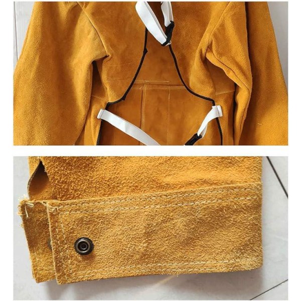 (L-80cm) Unisex kohudsvejseforklæde - gult med ærmer og krave, beskyttelsesforklæde til værkstedsarbejde, gnist- og varmebestandig