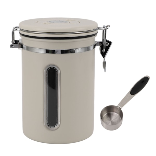 Kaffebehållare 1800ml 304 Rostfritt Stål Fönsterdesign Envägsventil med Sked Lufttät Kaffebehållare för Kaffebönor Beige