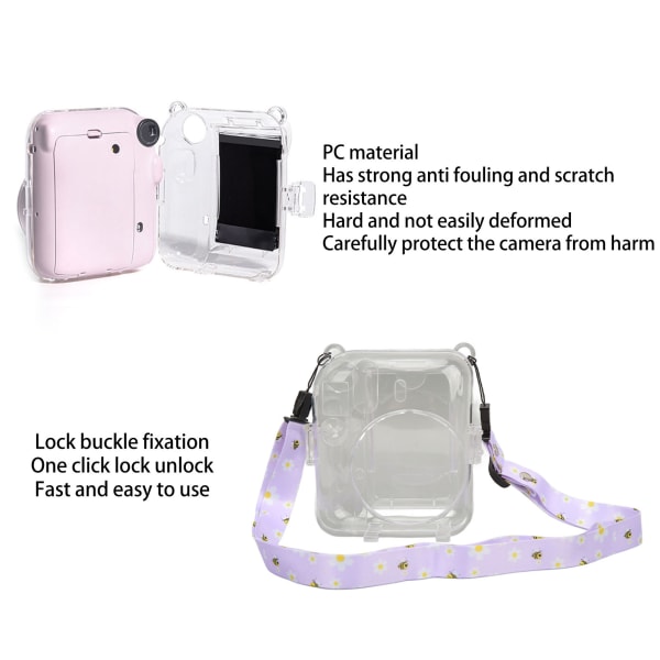 Instant Camera Case Kit Axelrems klistermärke Case Slitstarkt kameraskyddande genomskinligt case för Instax Mini 12 Lila