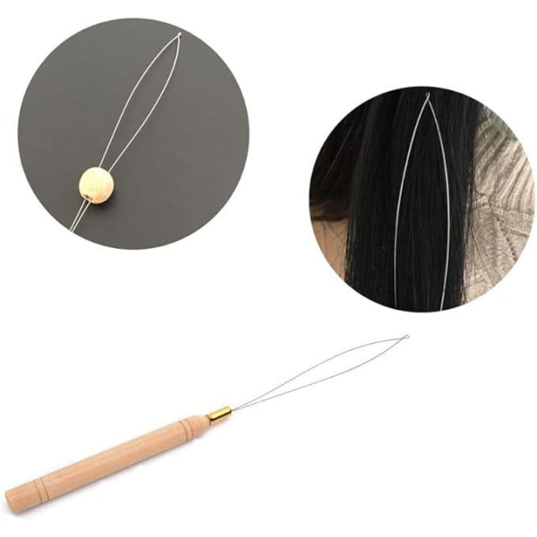 3 stykker hårforlængerløkke, nålekrogeværktøj og perleværktøj til hår- eller fjerforlængelse - træ og rustfrit stål