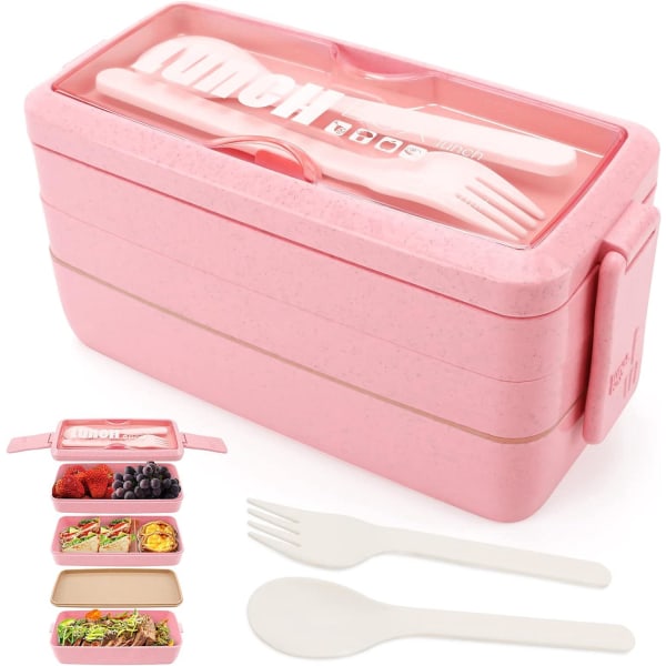 3-lags lunsjboks (rosa), 4 i 1 Bento-boks med gaffel og skje, 1000 ml oppbevaringsboks, egnet for menn, kvinner og studenter, Tåler oppvaskmaskin og mikrobølgeovn