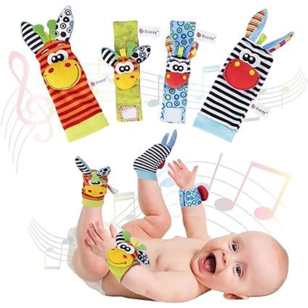 Håndledssok med rangle Baby Activity Legetøj Plys Montessori uddannelse i 0-6 måneder (2 stk håndled og 2 stk sokker)