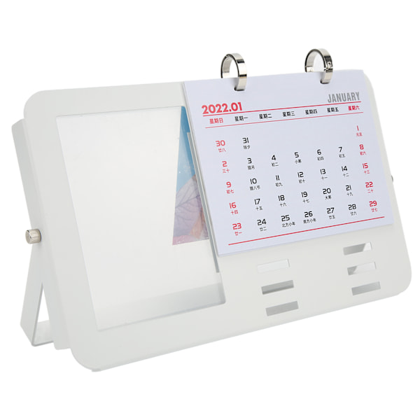 2022 Kalender 16x26cm Cirkulär Enkel Skrivbordskalender i Metall med 13cm Bilderram för Skrivbord Kontor Hem