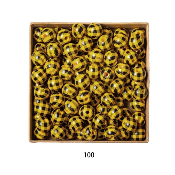 100 st Träpärlor Plädmönster Delikat Runda Space Beads 16mm Gul