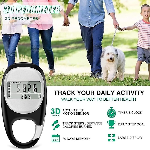Skritteller, bærbar gåteller 3d skritteller, enkel elektronisk step tracker med karabinkrok