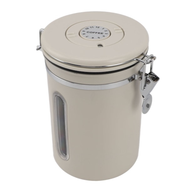 Kaffebehållare 1800ml 304 Rostfritt Stål Fönsterdesign Envägsventil med Sked Lufttät Kaffebehållare för Kaffebönor Beige