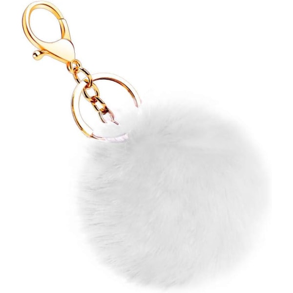 Mjuk konstgjord kanin (vit) pälsnyckelring Pompom Ball Fluffiga nyckelringar Resväska Ryggsäckar Tillbehör Charm för kvinnor Flickor