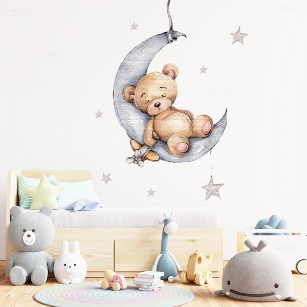 Bear Shape Wall Stickers On The Clouds Wall Stickers Moon Star Varmluftsballong Sweet Dream Wall Sticker For Baby Room Barnehage Baderom Veggmaleri