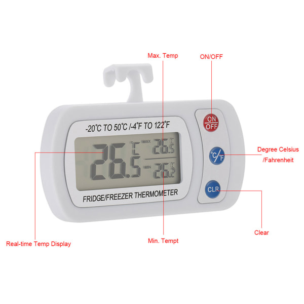 Stort LCD-kjøkkenkjøleskap med justerbar brakett/krok digitalt termometer - 1 stk.