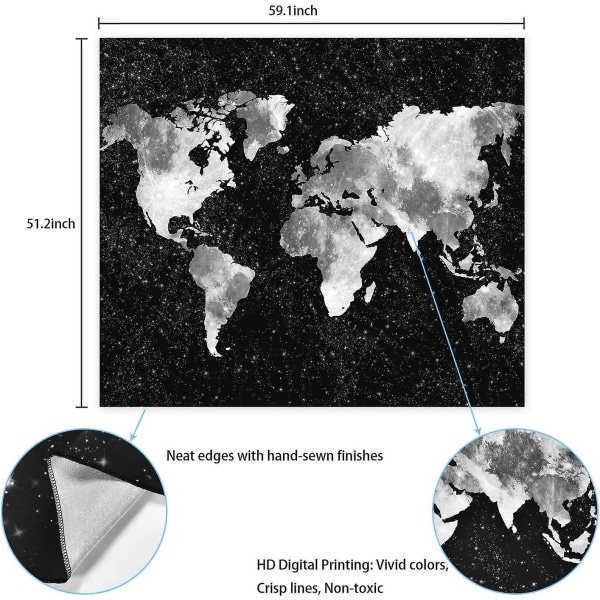 Musta maailmankartta Mandala Tapestry seinäteline Bohemian kodin sisustukseen
