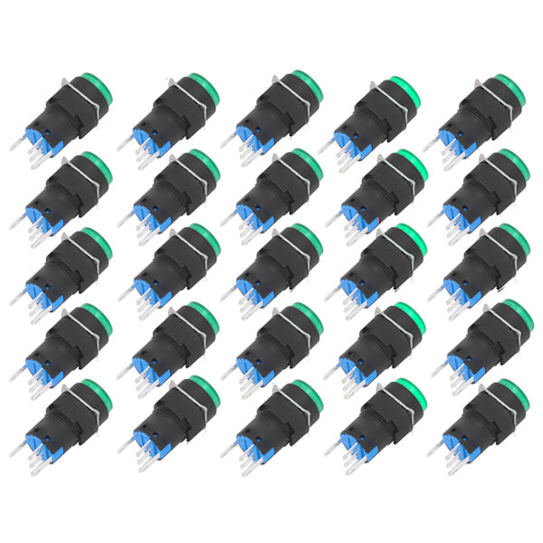 25 st Momentära Knappbrytare med Självlåsning, 5-polig, 16 mm, med Ljus, 24V Set Kit för Utrustning, Grön