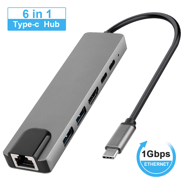 USB C Hub 6 i 1 4K 30Hz HD Multimedie Interface USB3.0 PD Opladning RJ45 Type C Multiport Adapter Grå