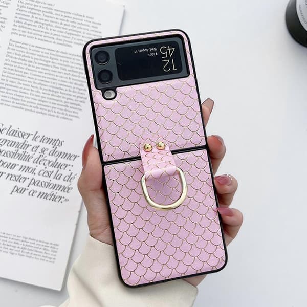 Fish Scale Pattern Case Compatible with Samsung Galaxy Z Flip 4, Shockproof PU Leather Cover with Ring
