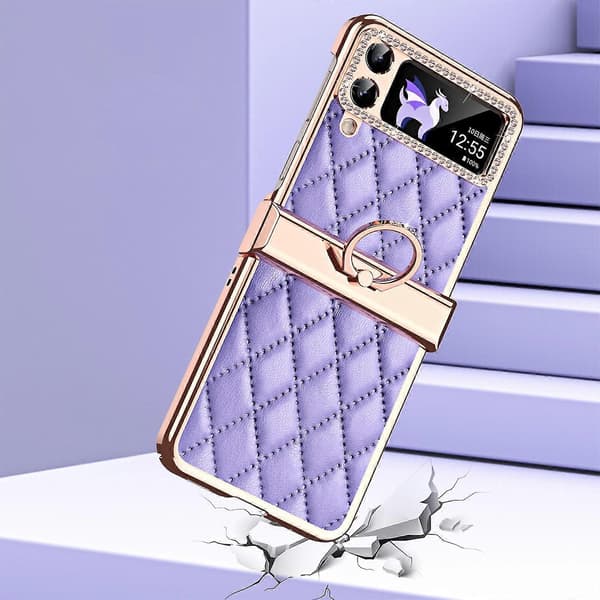 Plated Rhinestone Case Compatible with Samsung Galaxy Z Flip 4, PU Leather Case with Hinge Protection & Ring Holder