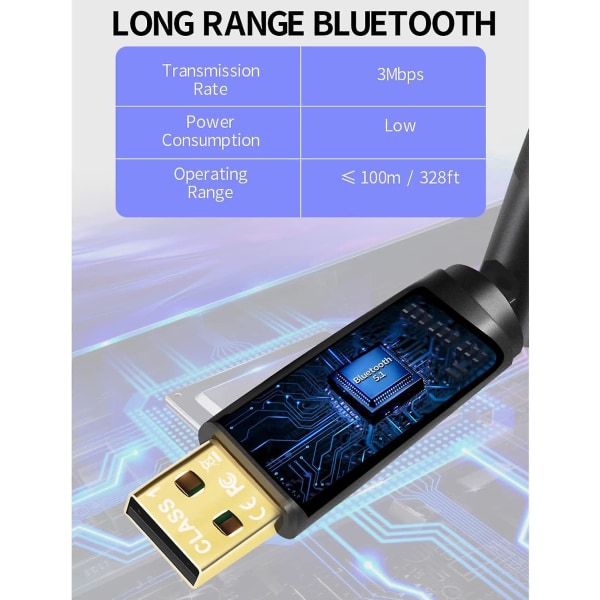 Long Range Bluetooth 5.1 USB -adapter med antenn för PC - Anslut mus, tangentbord, headset, högtalare, skrivare - Windows-kompatibel