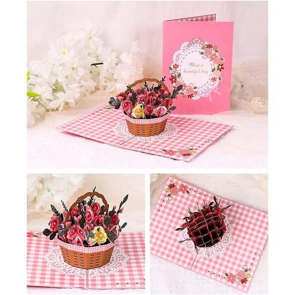 Rose Basket Flowers 3D Pop Up -kortti tyttöystävälle, vaimolle, äidille - ystävänpäivä, äitienpäivä onnittelukortti, jossa on kukkakimppu