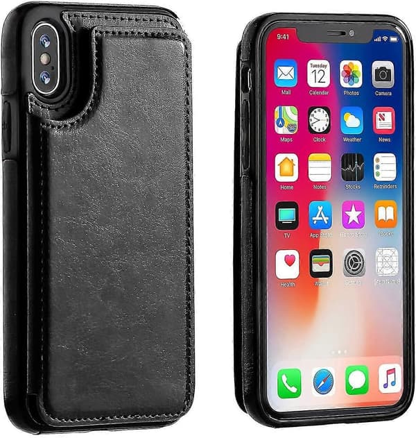 Iphone Xs Iphone X Wallet Case With Card Holder, Double Magnetic Closure - Black