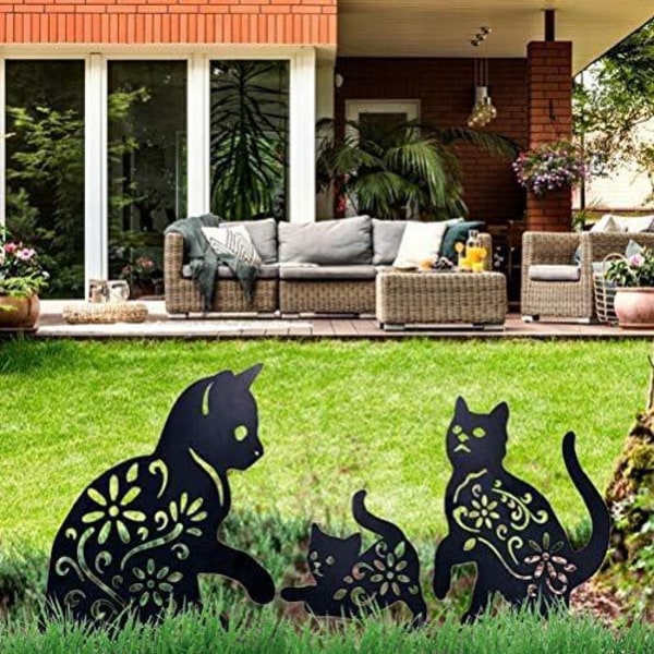 Cat Yard Art Garden dekorativa metallstatyer, 3 st Cat Hollow Out Silhouette Animal Shape Stake dekorationer, svart