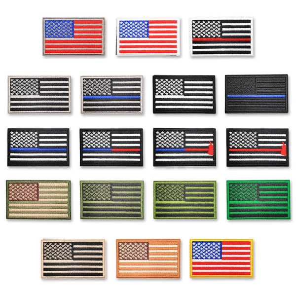 18 strygebroderede badges med amerikansk flagdesign til syning og dekoration af tøj, rygsække, jeans, hatte