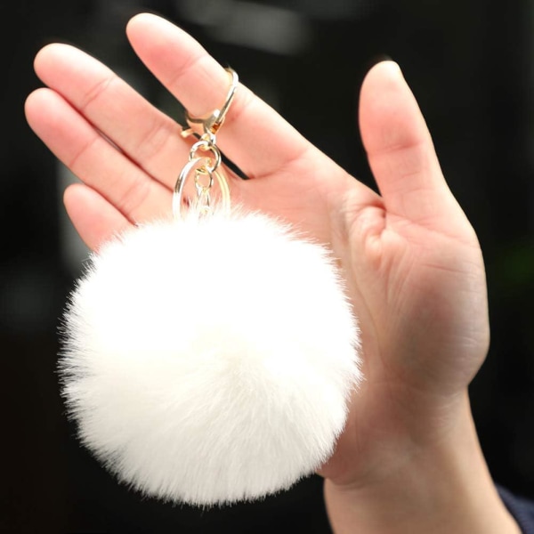 Blød kunstig kanin (hvid) pelsnøglering Pompom Bold Fluffy nøgleringe Kuffert Rygsække Tilbehør Charm til kvinder Piger